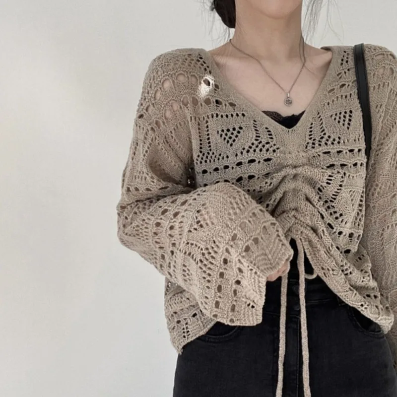 New Hollow Out Design Knitted Loose Women Pullovers Y2k Punk Front Drawstring All Match Streetwear Top Korean Office Lady Jumper