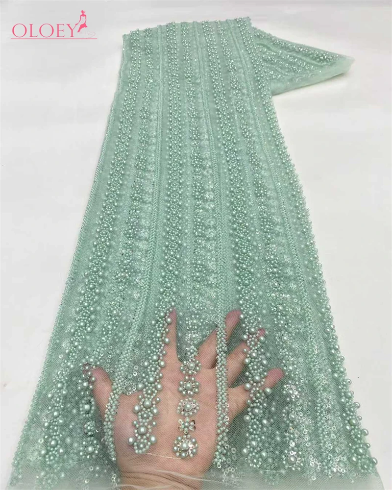 

OLOEY African Luxury Beaded Tulle Lace Fabric 2026 Nigerian Handmade Heavy Sequins Pearls Lace Fabric Fro Bridal Wedding Dresse