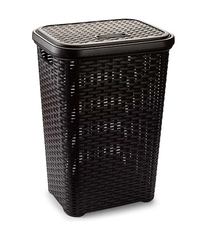 Tradineur plastic laundry basket with lid 60 litres, Wenge, 43x35,5x62 cm, pongotode, bucket for laundry co