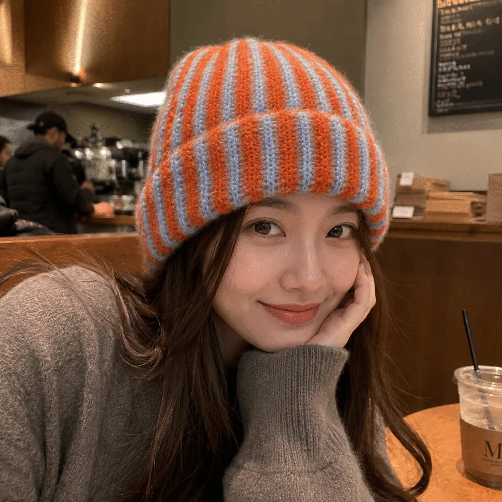 Brimless Color Blocked Striped Beanie Hat Soft Thick Ribbed Knit Cap Windproof Thermal Warm Hat Cycling