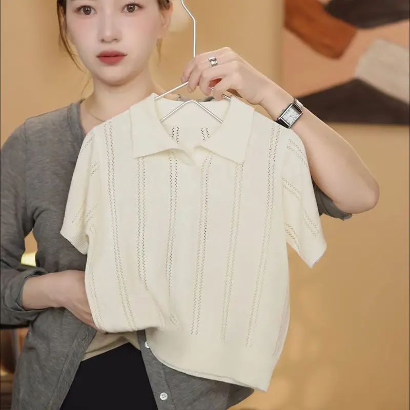 

2026 Summer New Simple Children's White Thin Knitted Hollow Collar Cute Half Sleeve