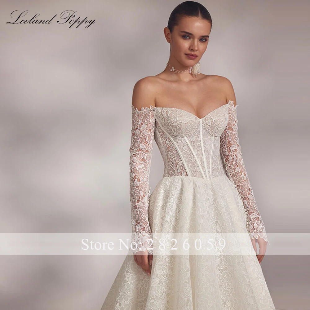 Lceland Poppy Customized A Line Boat Neck Lace Wedding Dresses Full Sleeves Bridal Gowns with Court Train