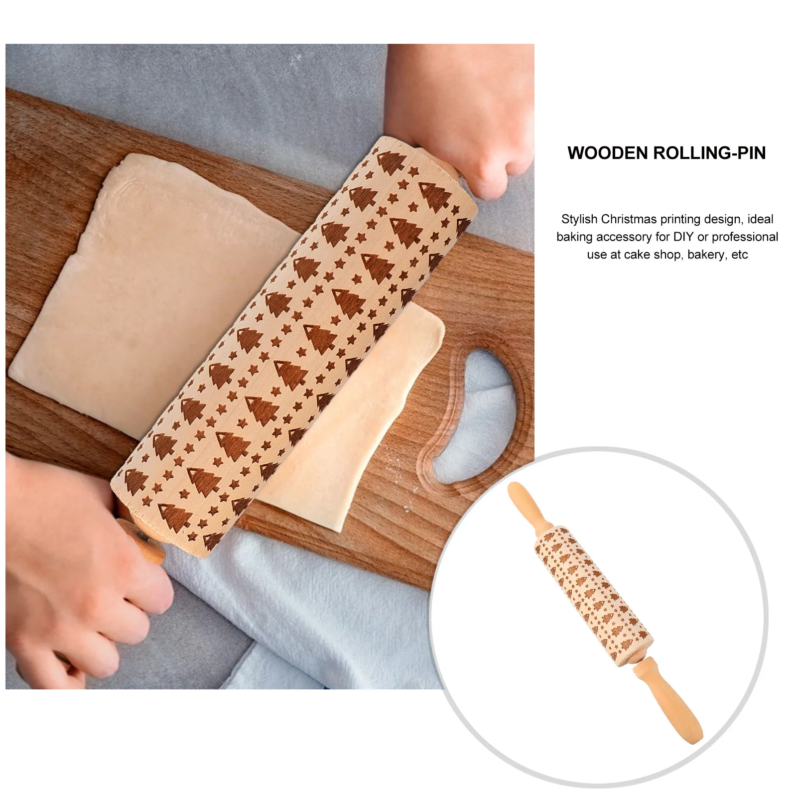 

1Pcs Wooden Rolling Pin Christmas Embossing Pattern Non Stick Handle Baking Tool for Cookie Dessert Pizza Rolling Pin