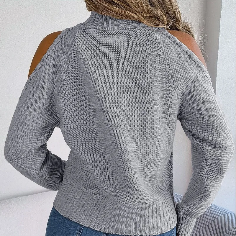 Autumn and Winter Women\'s Pullover High Neck Long Sleeve Solid Off Shoulder Hollow Fried Dough Loose Fashion Casual Sweater Tops