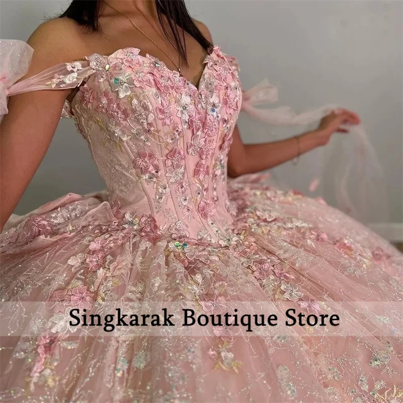 Glitter Roze Kralen Baljurk Quinceanera Jurken 2024 Appliques Sweet 16 Jurk Pageant Gowns Vestids De 15 Años Aangepast