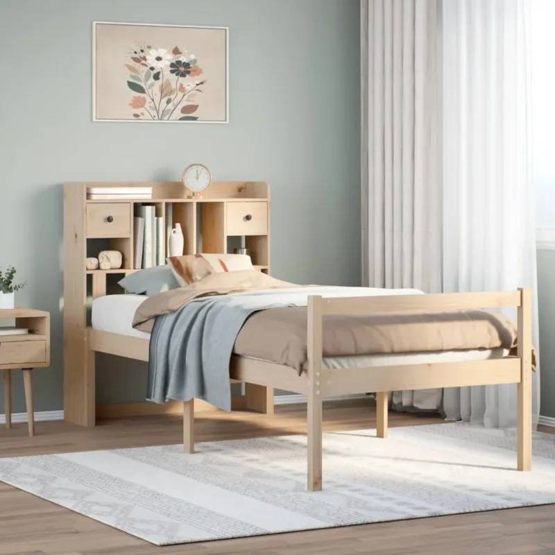 Lit bibliothèque en pin massif 90 x 190 cm avec tête de lit à étagères, sommier à lattes et espace de rangement intégré, remplace la table de chevet pour chambre, petits espaces, studio, appartement