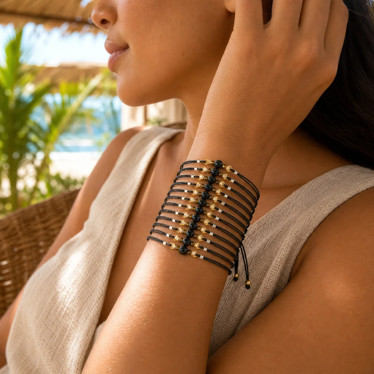 12pcs Bohemian Black Cotton Cord Multi Strand Wrap Bracelet with Round Beads Adjustable Tie Closure Unisex Beach Style