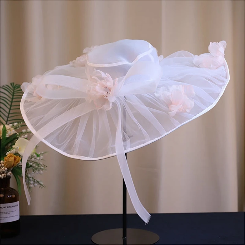 Fashion Wedding Hat Women Chapeau Ceremonie Mariage French Elegant Fairy Beauty Flower Exaggerated Top Hat White head flower