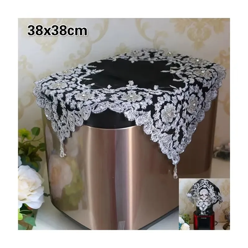 Square 38cm Black Lace Embroidered Bead Pendant European Coaster Balcony Small Round Table Cloth Christmas Wedding Decoration