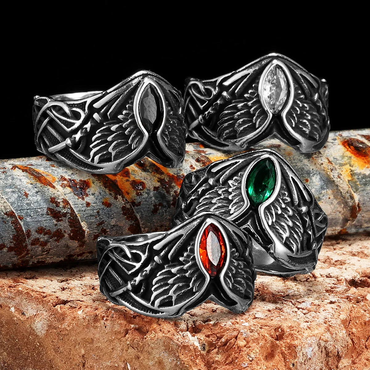 Fallen Angel Wings Gems Stone Men Rings Stainless Steel Retro Punk Rock Gothic Women Fashion Jewelry Accessories Gift Wholesale