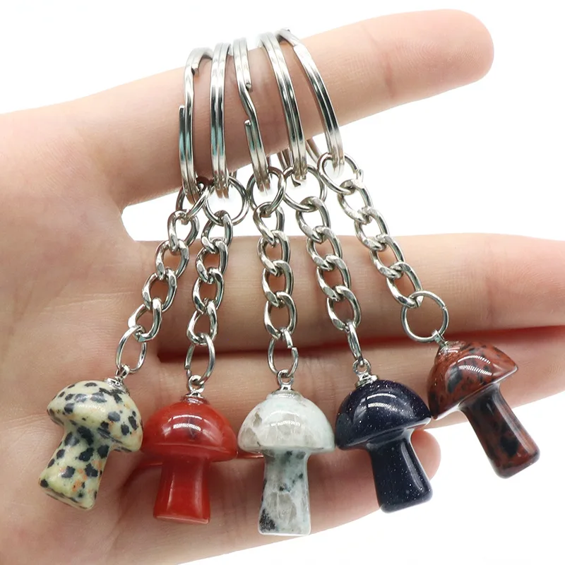 1pcs/Pack Natural Stone Cute Mushroom Shape Keychain Stainless Steel Car Keychain Accessory Reiki Crystal Pendant Handbag Decor