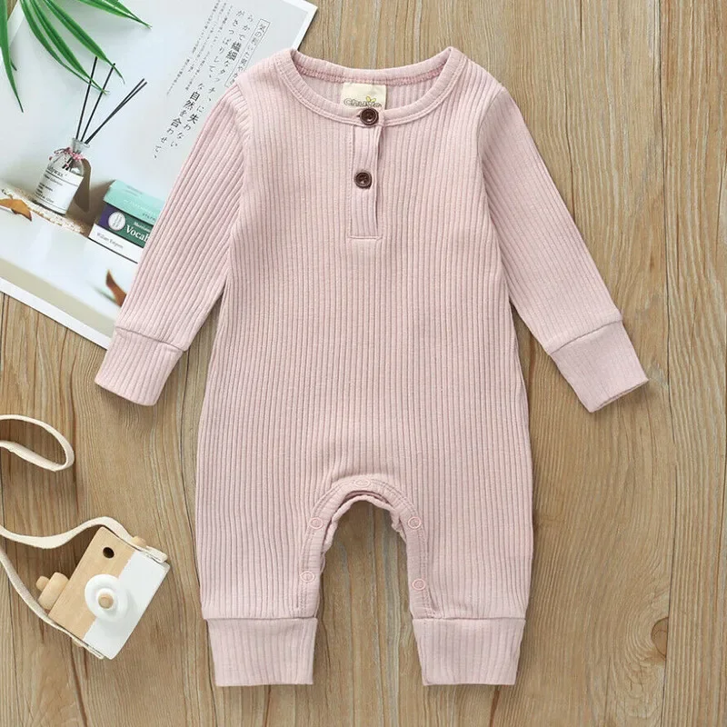 Newborn Baby Girl Boy Knit Ribbed Romper Autumn Clothes Button Solid Color Long Sleeve Jumpsuit for Kids Baby Items Clothing