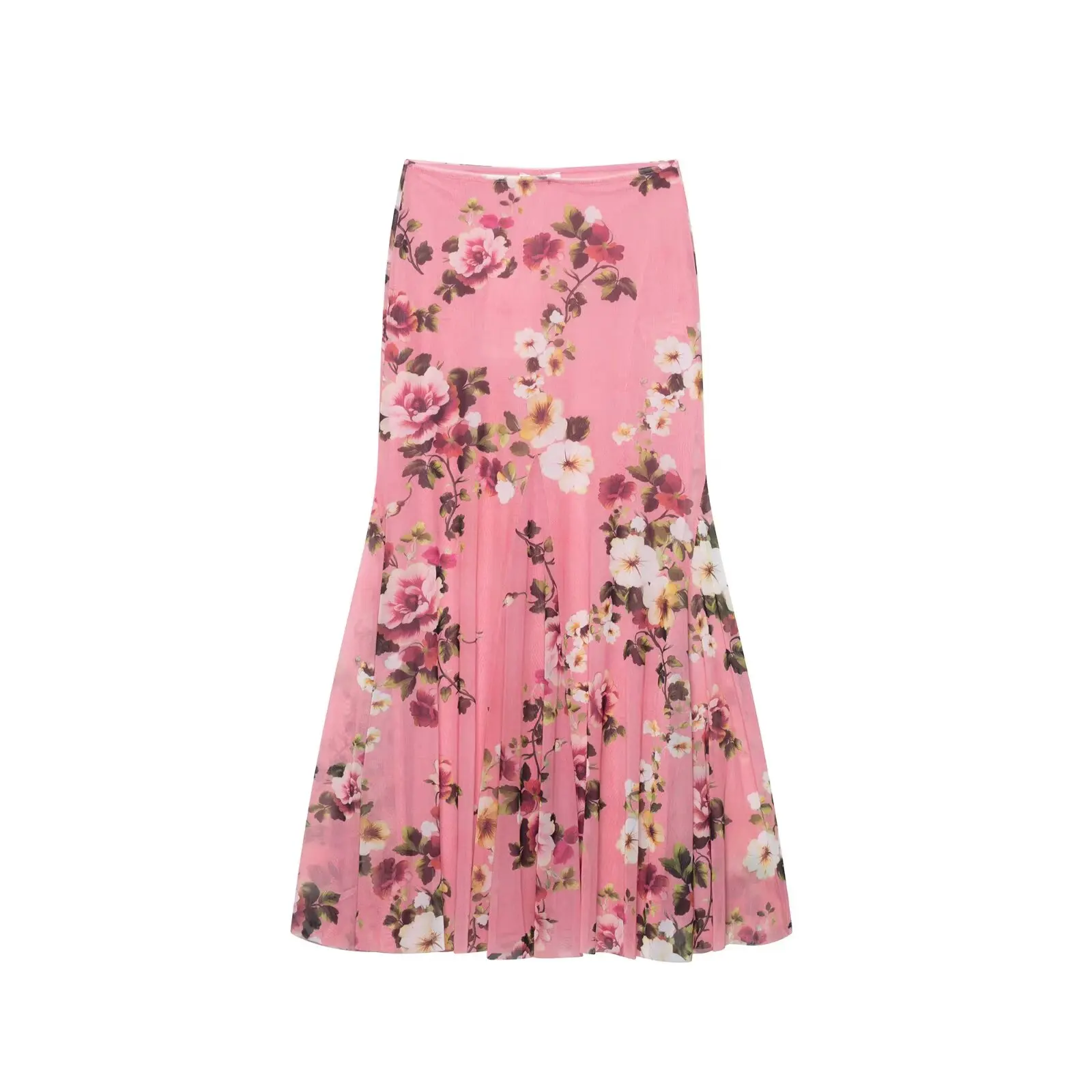 

Chic Pink Flower Mesh Printed Skirt For Women High Waist Strethy Waist Long Skirt 2025 New Summer Retro Fashion Slim Midi Skirts