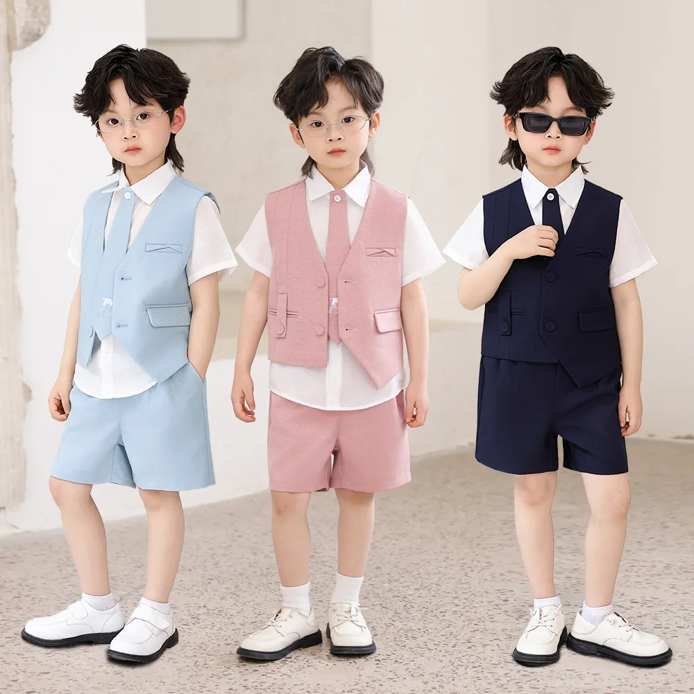 Children's Summer New Casual Suit Vest Set Piano Hosting Speech Outfit Flower Boy Stage Show Photography Costume
