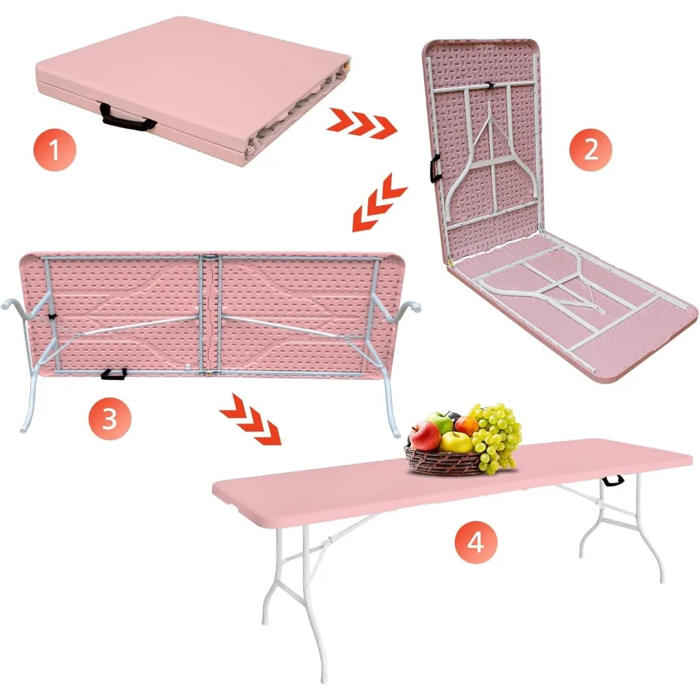 Heavy-Duty 8-Foot Foldable Plastic Utility Table for Multi-Purpose Use - Portable Folding Dining Table with Half Folding Design