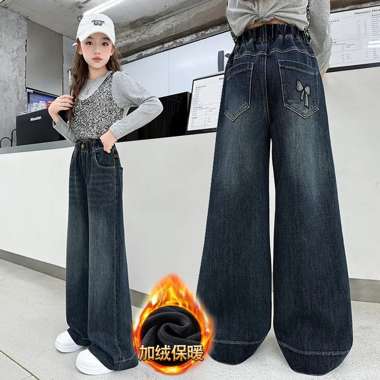 Teen Girl Winter Warm Jeans High Waisted Wide Leg Straight Trousers With Bows Pocket For Kids Child Causal Fleece Lined Pants