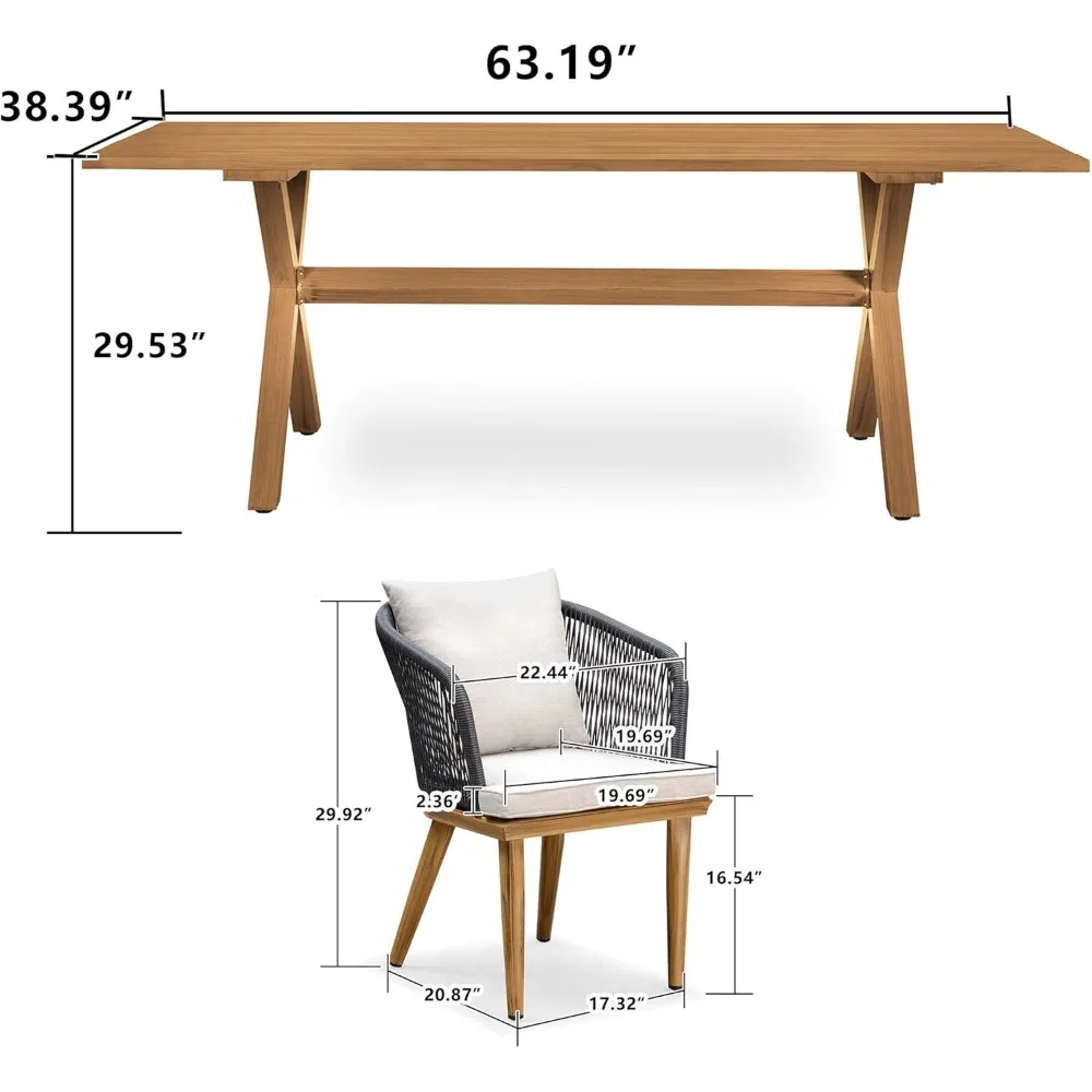 7 Pieces Dining Set Wicker Outdoor Furniture Rectangular Table and Chairs Set for Garden Deck Teak-Finish Backyard Kitchen Set