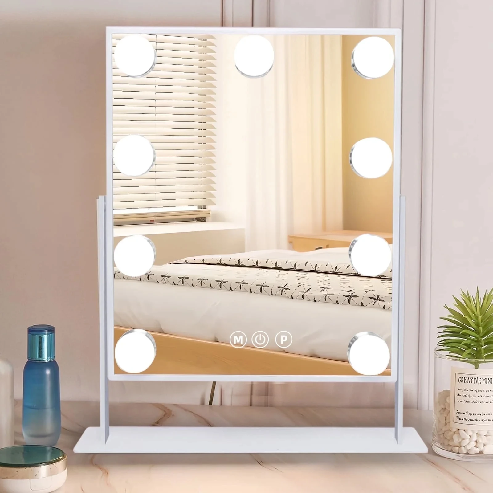 Espelho de vaidade iluminado com 9 lâmpadas LED, com lupa 10x removível, 3 modos de iluminação de cores, 360 °   giratório