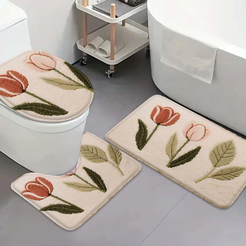 3-teiliges klassisches U-förmiges Bodenmatten-Set, rutschfeste Badezimmermatte, WC-Sitzbezugmatte, Badezimmertürmatte, saugfähige Toilettenmatte, Flanell-Teppich
