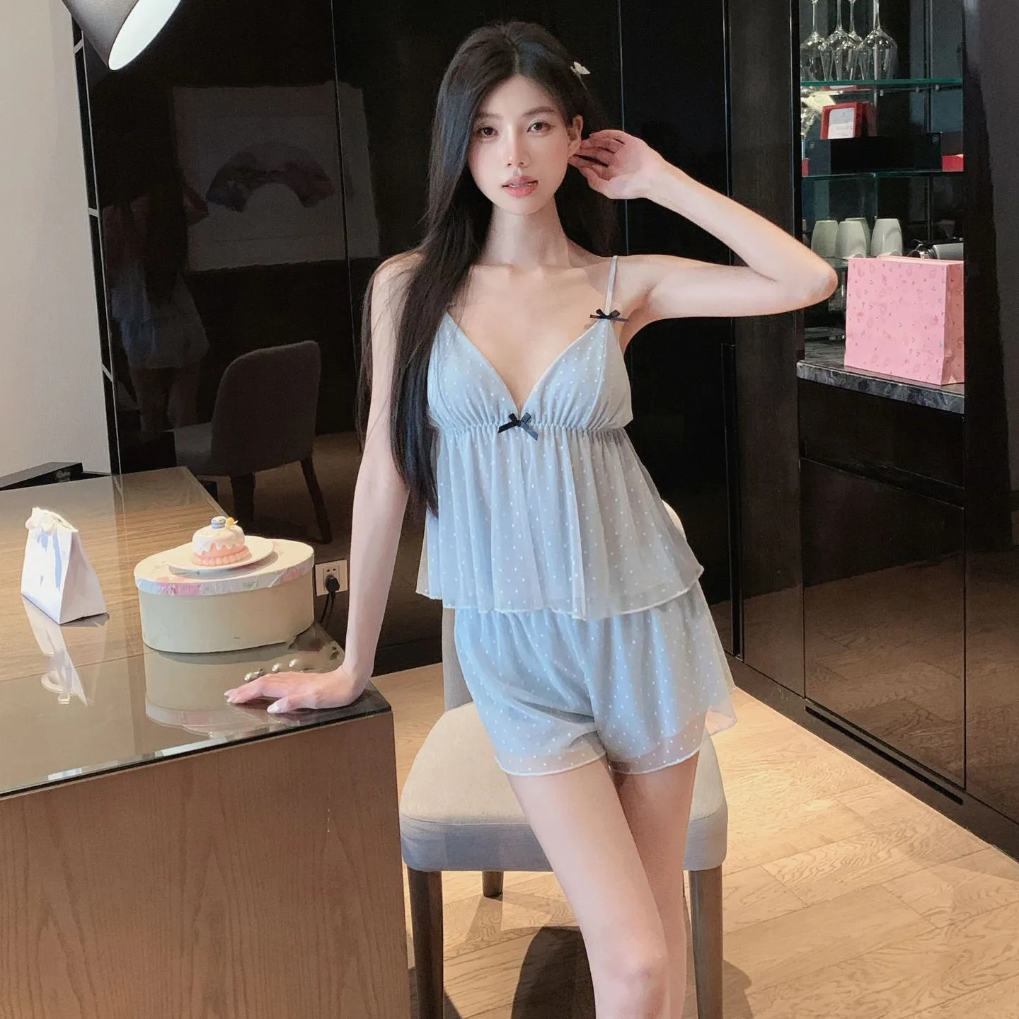 Sexy Lace Mesh Suspender Pajamas Set Summer Women Sleepwear Loungewear Pyjama Homewear 6