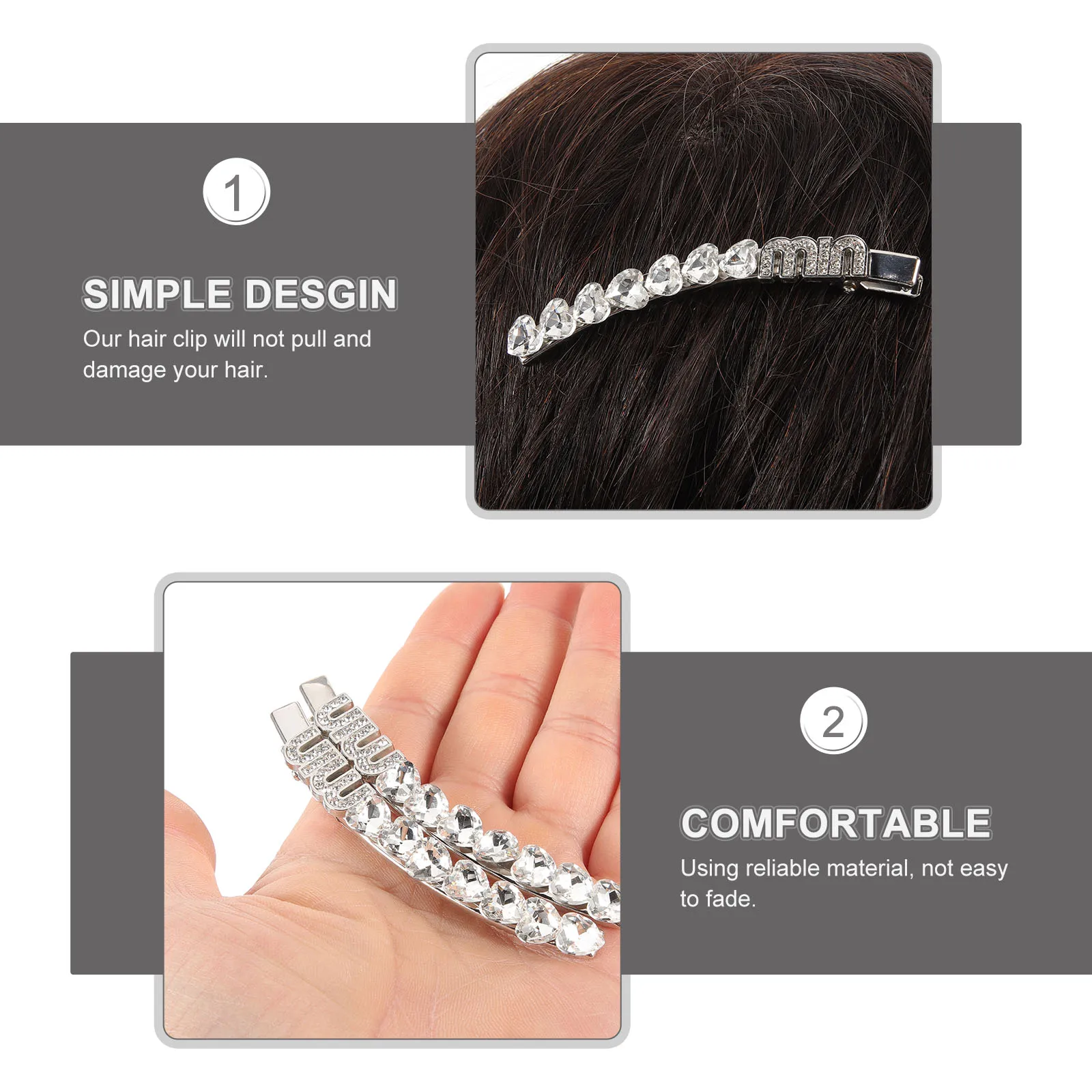 

2Pcs Love Shape Rhinestone Hairpins Curved Metal Barrettes for Thick Women Hair Clips Bun Long Hair Accessories