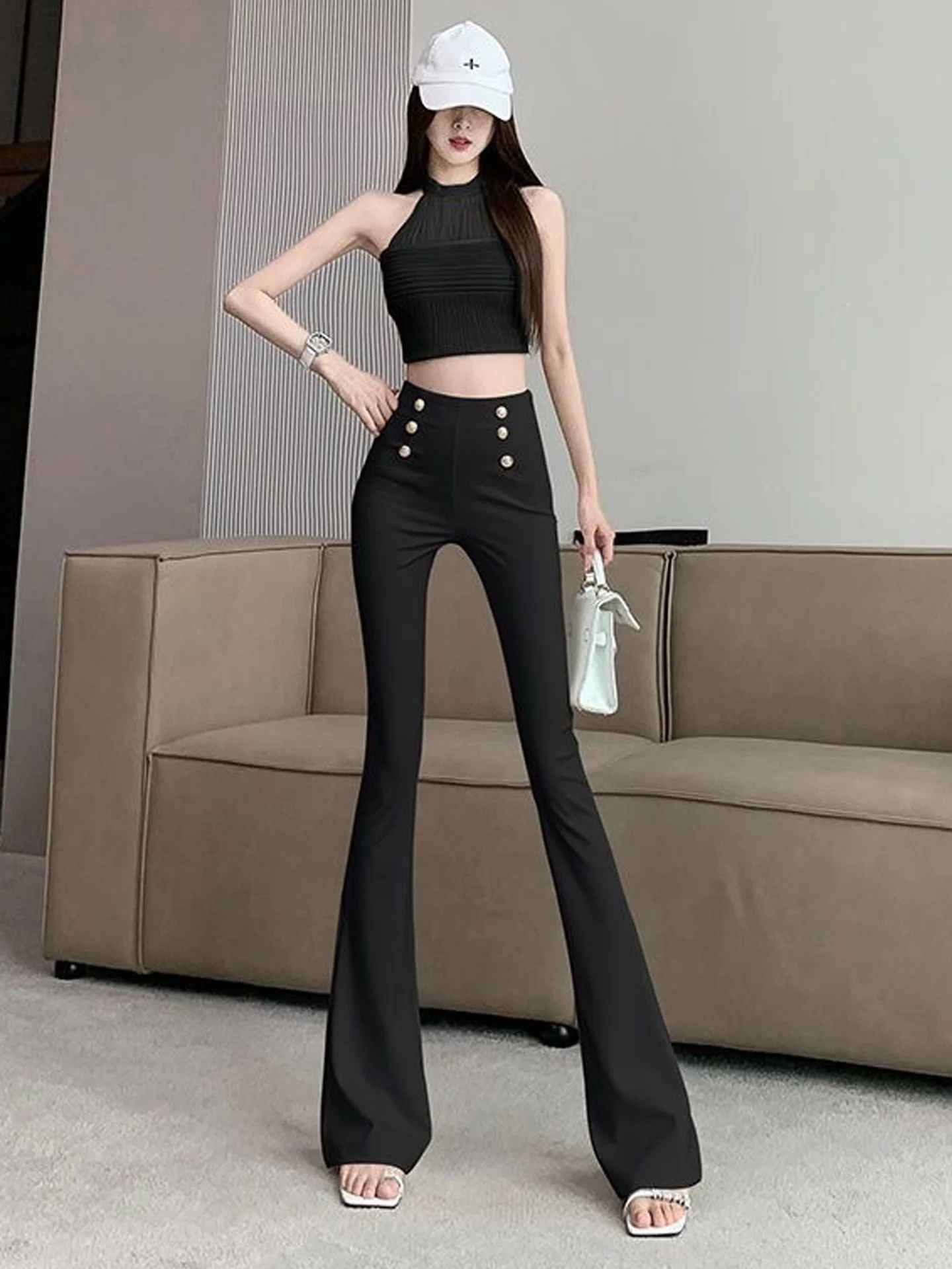 

Slim High Waist Bell Bottom Pants Women's Summer Fashionable Breathable Casual Floor Length Trousers Elastic Cotton Denim