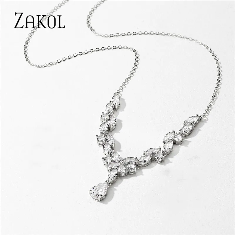ZAKOL Luxury Exquisite Water Drop Cubic Zircon Leaf Chain Choker Necklaces for Women Fashion Bridal Wedding Party Jewelry NP2264