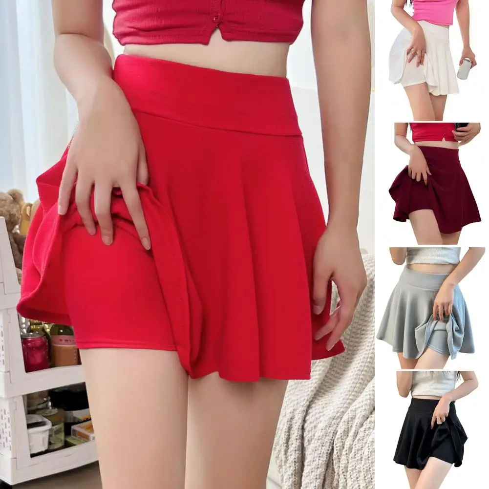 

Lined Pleated Skirt Flared High Waist Skater Skirt with Pleats Stretchy Party Wear for Women Solid Color Anti-exposure Mini