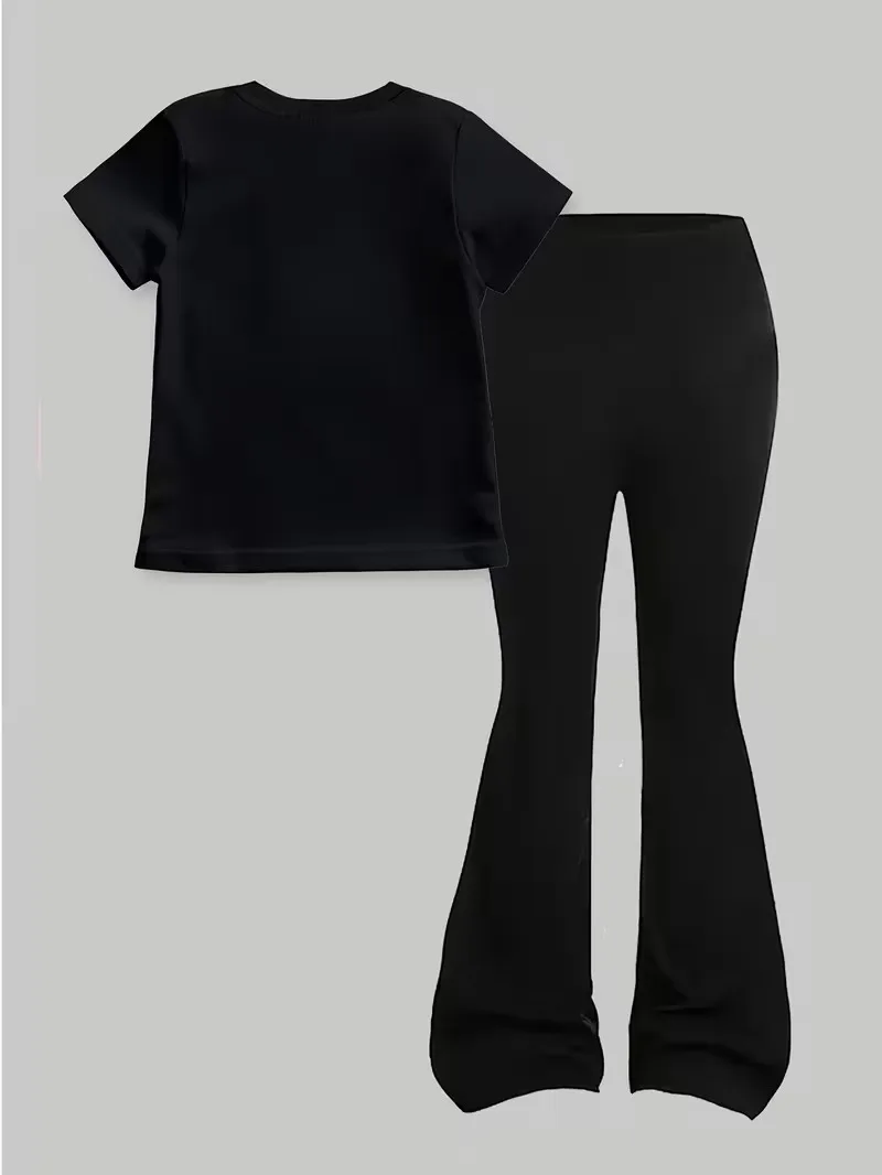 Zweiteiliges Outfit für Mädchen mit Leopardenmuster und Schleife, schwarzes Kurzarm-T-Shirt und Schlaghose, lässiges Streetwear-Set für Kinder – Detail 3