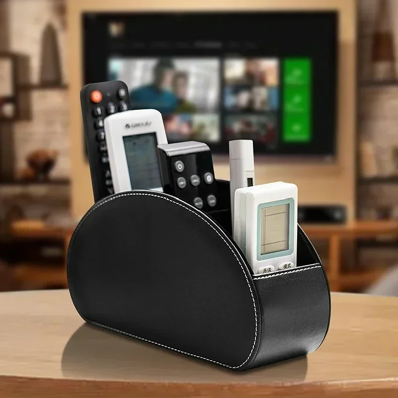 Organisateur de bureau luxueux en cuir PU à 5 compartiments pour télécommandes, téléphones et téléviseurs, boîte de rangement pour cosmétiques et pinceaux, support de rangement domestique