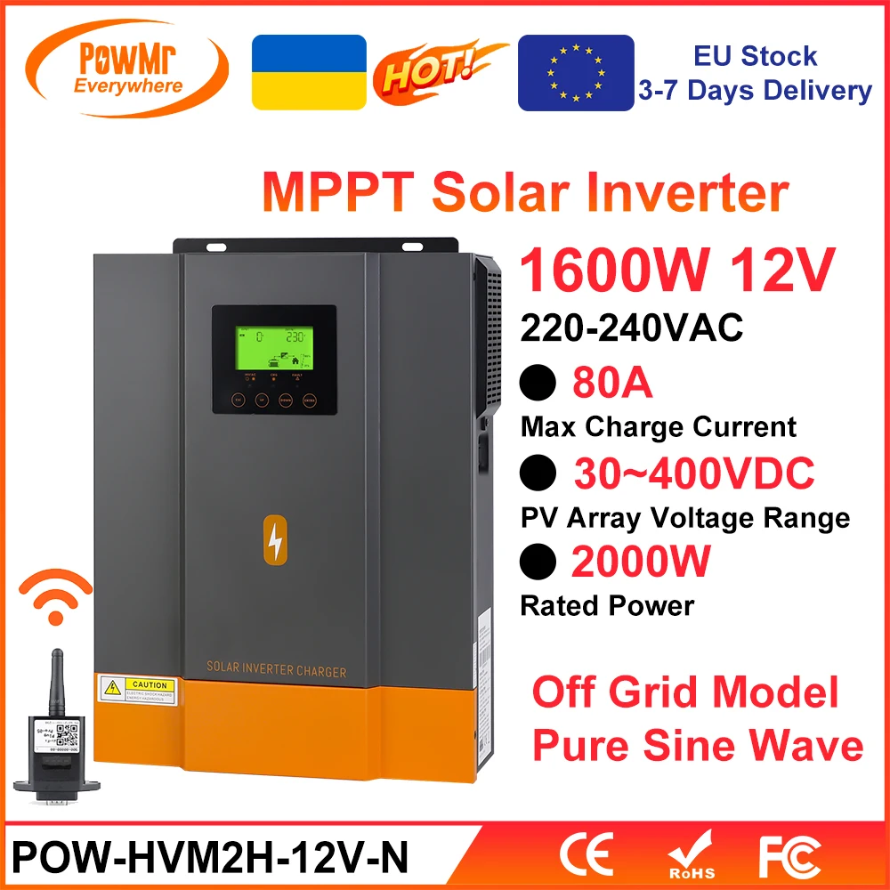 PowMr 2KW Hybrid Solar Inversor 12V 220V Pure Sine Wave With Charging Battery 80A MPPT Solar Charge Controller Max PV 400VDC