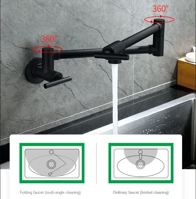 

Wall Mount Folding Kitchen Pot Filler Faucet Single Cold Matte Black Two Handles Pot Filler for Sink Stove Cozinha Utensilios