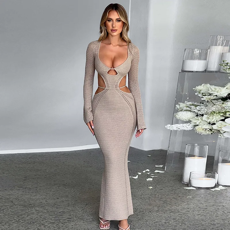 

2023 Autumn Hollow Out Knitted Long Dresses Women Sexy V Neck Full Sleeve Lace Up Backless Bodycon Maxi Party Dresses Beachwear