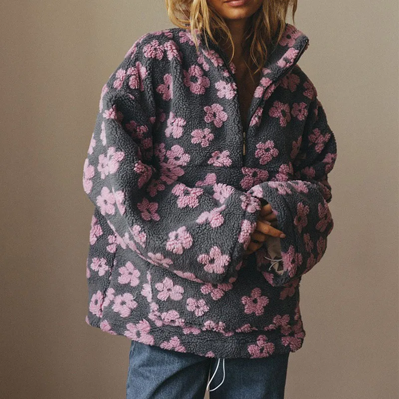 2025 outono inverno manga longa camisola topos lazer floral impresso solto commute pullovers elegante senhora gola com zíper topos