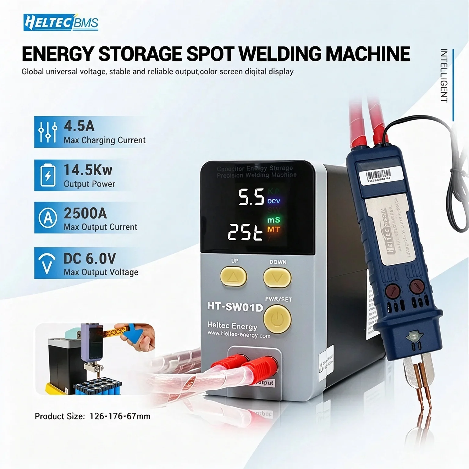 Heltec HT-SW01D Capacitor Energy Storage Spot Welder 12KW Peak 2500A Portable 18650 Lithium Battery DIY Nickel Strip Welding Machine Max 0.3mm Pure Nickel LED Display