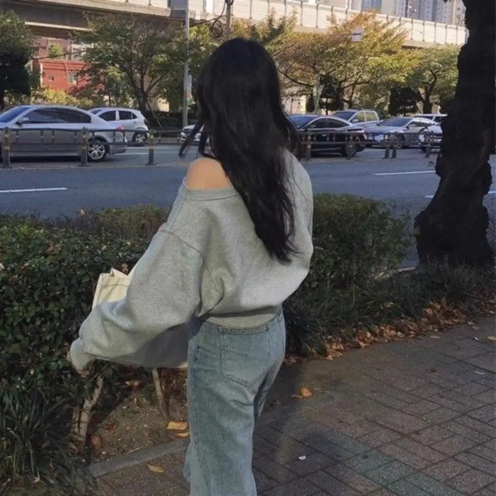 Korean Style Retro Long Sleeve T Shirt Solid Color Casual Sweatshirts for Women Loose Stylish Off Shoulder Blouse Streetwear