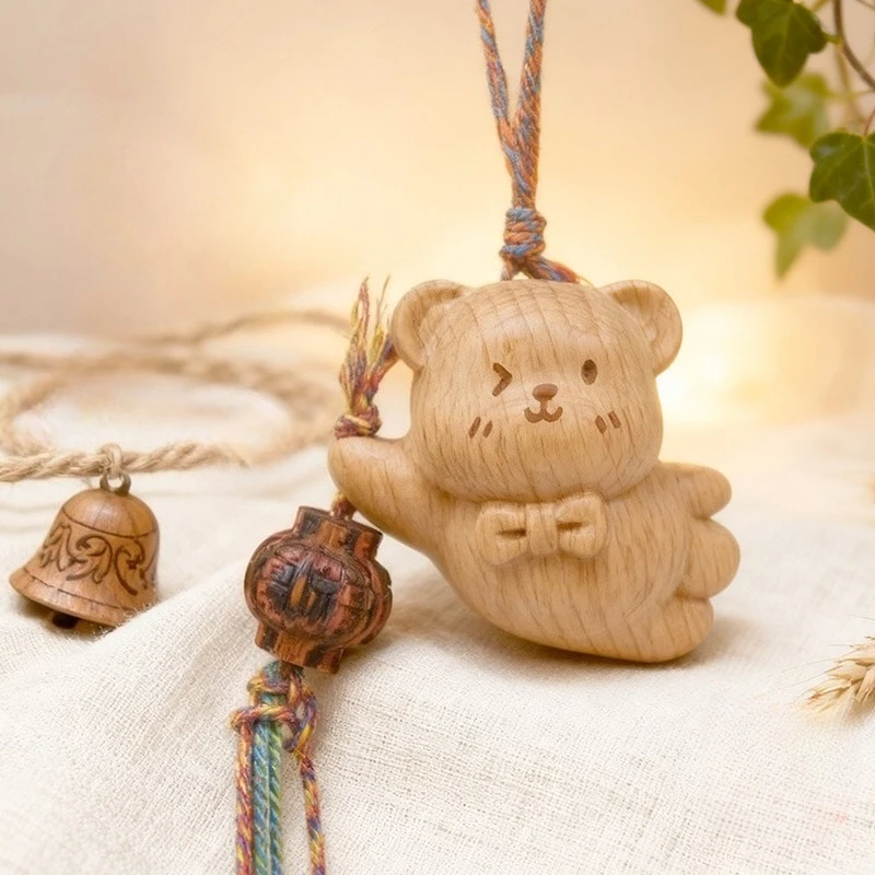 

Creative Beech Wood Bear With Lantern Wooden Animal Hanging Ornament Bag Keychain Phone Pendant Car Charm Home Decoration Craft