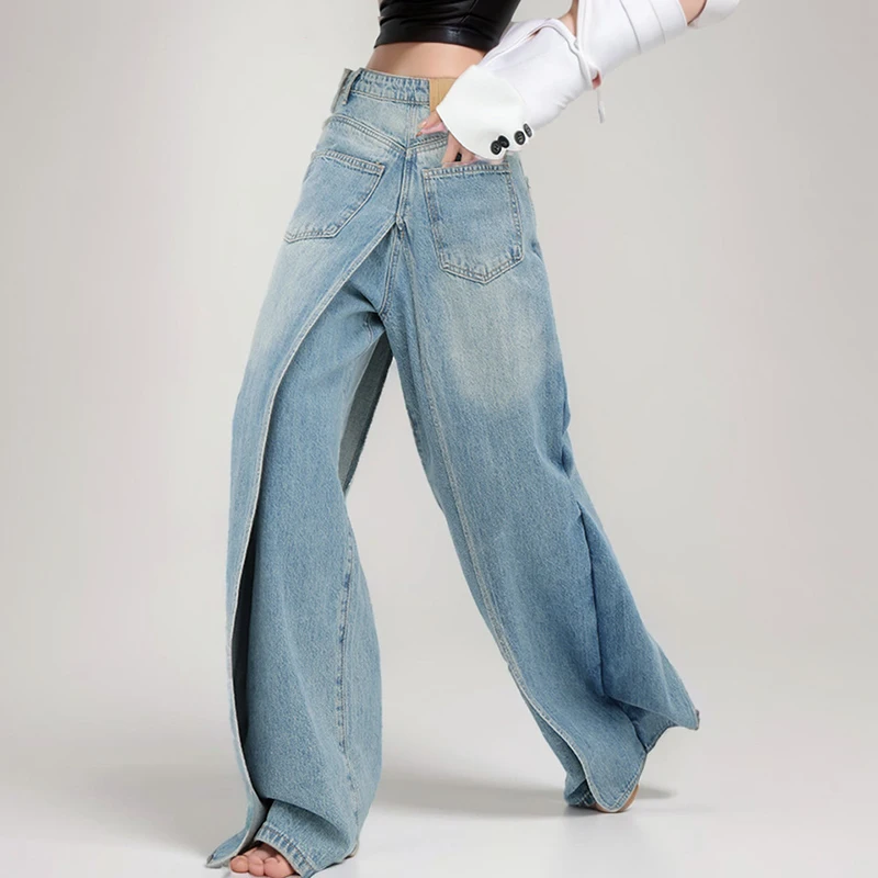 

Vintage Designer Deconstructred Jeans Casual Irregular Women Fack Two Piece Wide Leg Denim Pants New Style Jeans Two Wear Style