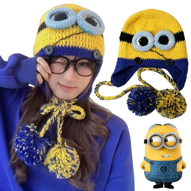

Шерстяная вязаная шапка с миньонами для мужчин и женщин, вязаные шапки с героями мультфильмов Kawaii для косплея, зимние забавные шапки для ролевых игр, велосипедная кепка для пилота, подарки