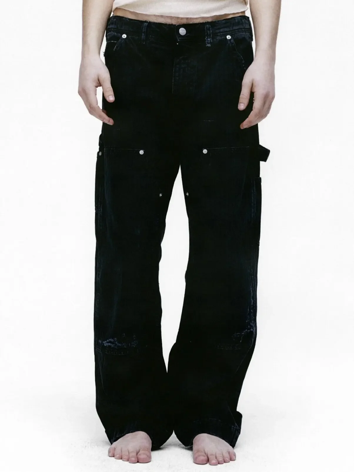 Washed Damage Striped Logging Pants Double Knee Rivet Overalls ER/D 25SS