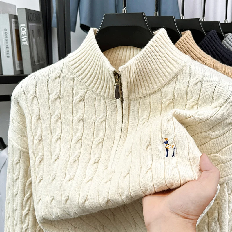 Sweater Rajut Tebal Setengah Resleting Kerah Tinggi untuk Pria Musim Dingin