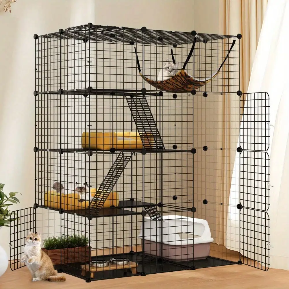 

4-Tier Large Cat Cage Enclosure Metal Wire Kennel Playpen Catio with Hammock