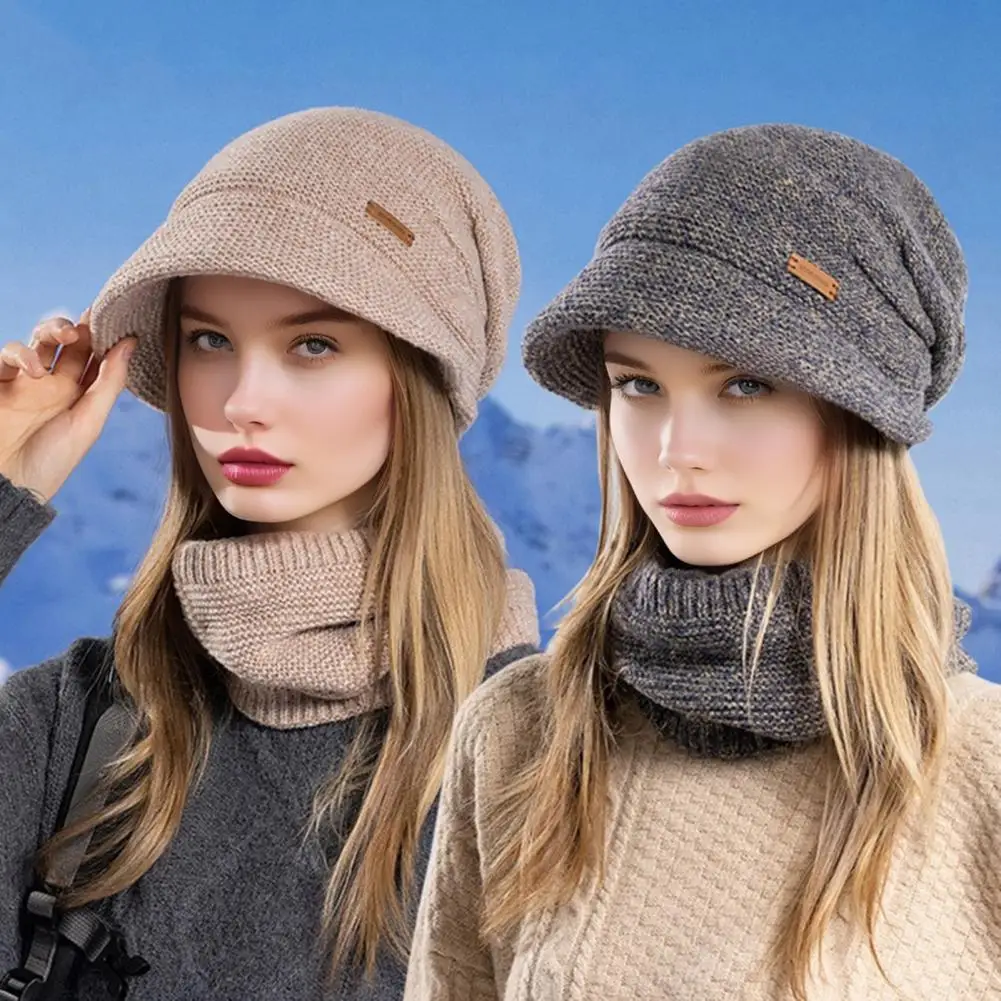 

2Pcs/Set Women Winter Hat Scarf Set Solid Color Elastic Thickened Ear Protection Knitting Hat Windproof Neckerchief Set