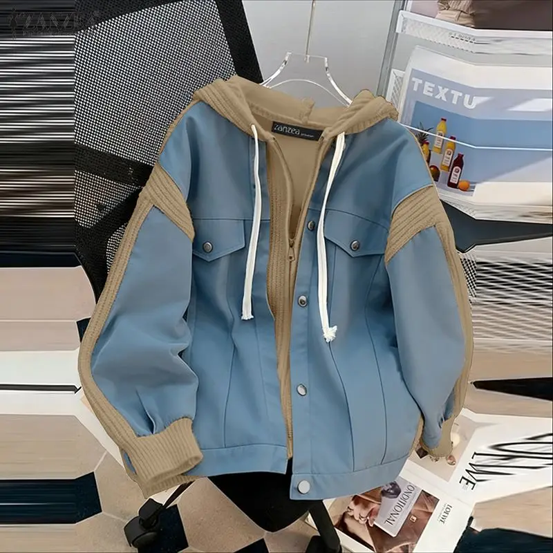 ZANZEA Autumn Winter Hoodies Sweatshirts Women Fashion Long Sleeve Color Patchwork Hooded Casual Zipper Loose Coats Cardigans