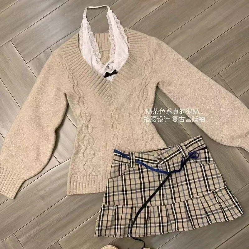 قطعتين الدانتيل الخامس الرقبة البلوزات Mujer 2024 الخريف جديد بلوفر مغزول Y2k سليم تيشيرت ضيق كم طويل أسود بلايز Womenj