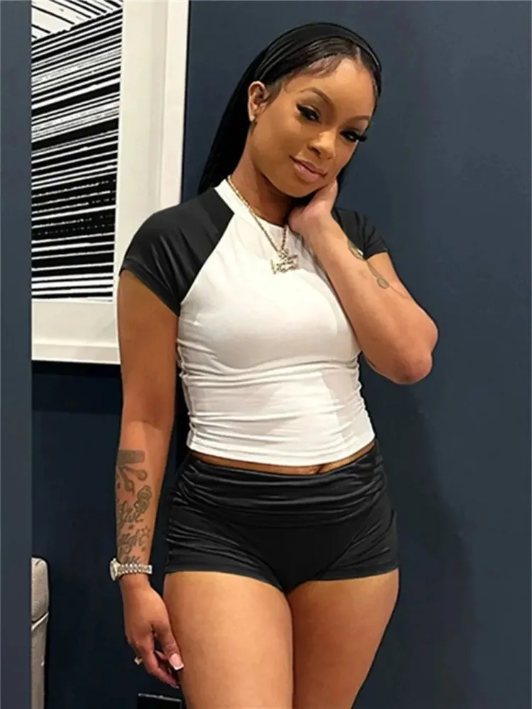 Leosoxs Sporty Patchwork 3 Piece Set Women Casual Summer Headband+Crop Top+High Waist Bike Shorts Street Matching Tracksuit