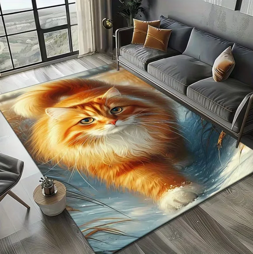 Living Room Rug Oil Painting Style Orange Cat Healing Carpet Non-Slip Soft Easy Clean Cat Lover Personalized Home Decor Mat