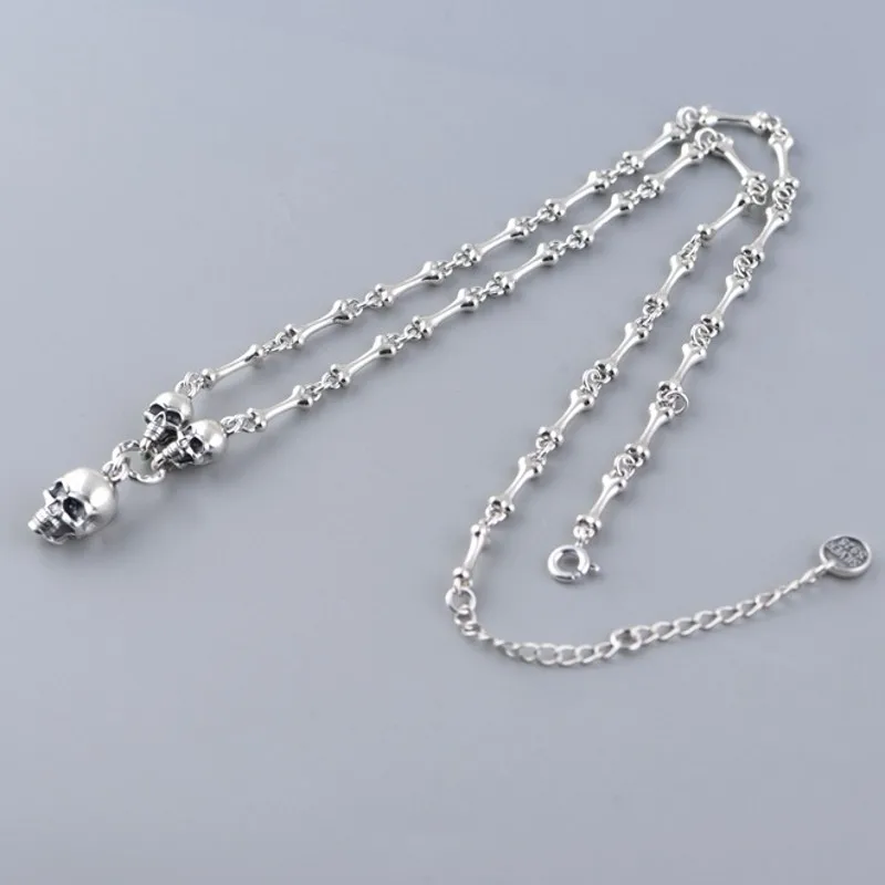 BOCAI 100% Real S925 Silver Jewelry Retro Creative Design Trendy Punk Skull Stick Bone Necklace for Woman