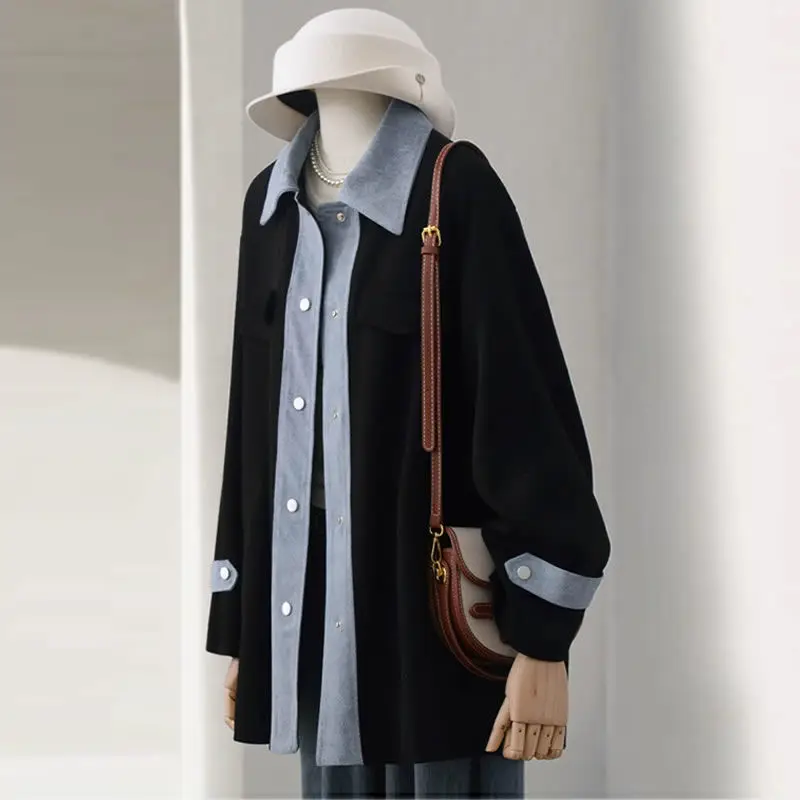 

2025 New Denim Patchwork Cardigan Coat Women Simple Lapel Neck Single Breasted Jackets Y2k Loose Long Sleeve Tops Mujer