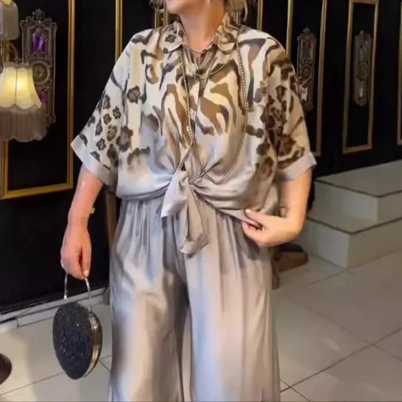Women's Elegant Button Leopard Print Ptchwork Fashion Loose Set Retro 3/4 Sleeve Lace Up Top & Slit Wide Leg Pants 2 Piecear Set